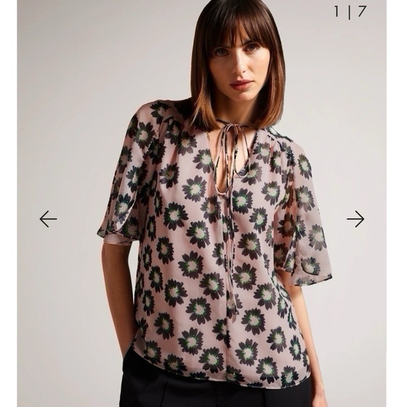 Ted Baker Harlynn Floral Split Sleeve Top with Neck Tie - Picture 1 of 9